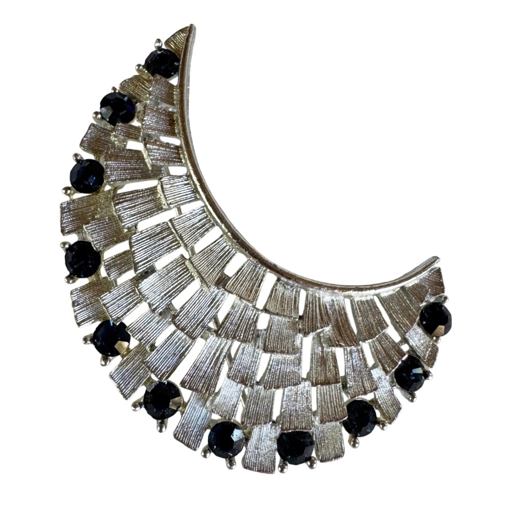Vintage Lisner Crescent Shape Silver Town Brooch with Blue Rhinestones